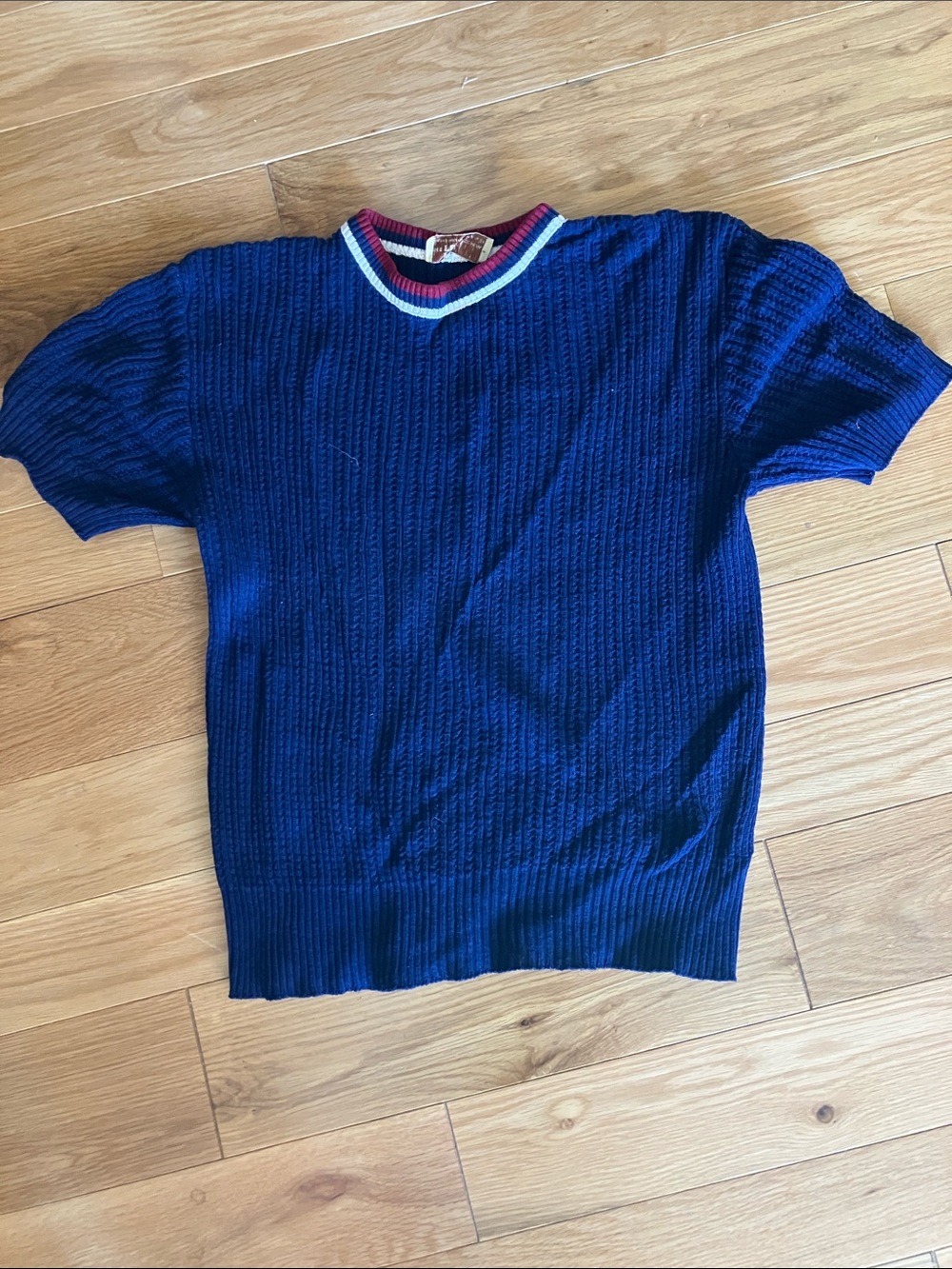 Men's Navy Crewneck Short-Sleeve Sweater with Contrast Trim